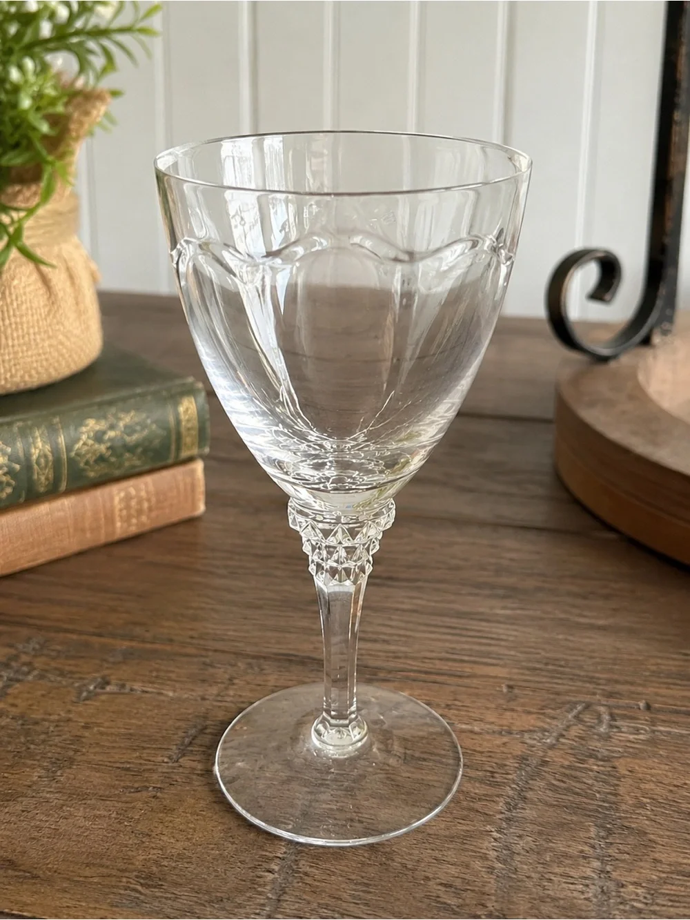 Vintage Clear Etched Crystal Wine Goblets Set of 8 Diamond Stem Scroll Pattern